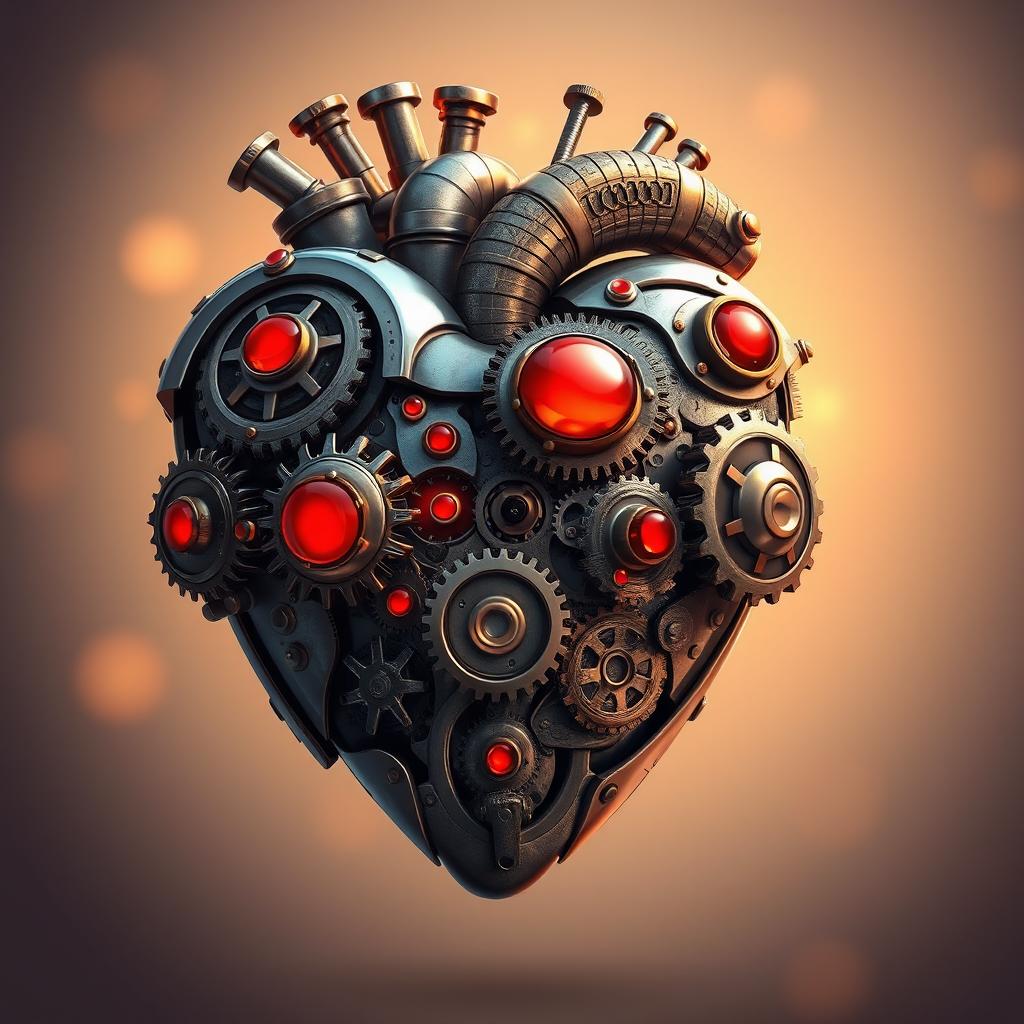 A beautifully illustrated mechanical heart, showcasing intricate gears and cogs, adorned with glowing red jewels and brass detailing, seamlessly merging technology and organic forms