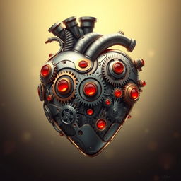 A beautifully illustrated mechanical heart, showcasing intricate gears and cogs, adorned with glowing red jewels and brass detailing, seamlessly merging technology and organic forms