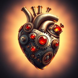 A beautifully illustrated mechanical heart, showcasing intricate gears and cogs, adorned with glowing red jewels and brass detailing, seamlessly merging technology and organic forms