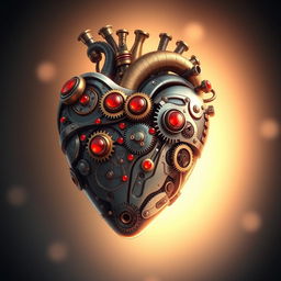 A beautifully illustrated mechanical heart, showcasing intricate gears and cogs, adorned with glowing red jewels and brass detailing, seamlessly merging technology and organic forms