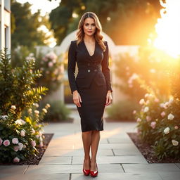 A formal full-body portrait of a confident woman standing in an elegant outdoor setting