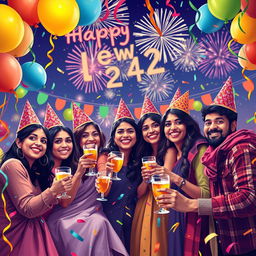 A festive New Year celebration scene depicting a joyous gathering of friends including Sukriti, Saurabh, Deepa, Immu, and Nawab, surrounded by colorful decorations such as balloons and streamers