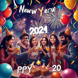 A festive New Year celebration scene depicting a joyous gathering of friends including Sukriti, Saurabh, Deepa, Immu, and Nawab, surrounded by colorful decorations such as balloons and streamers