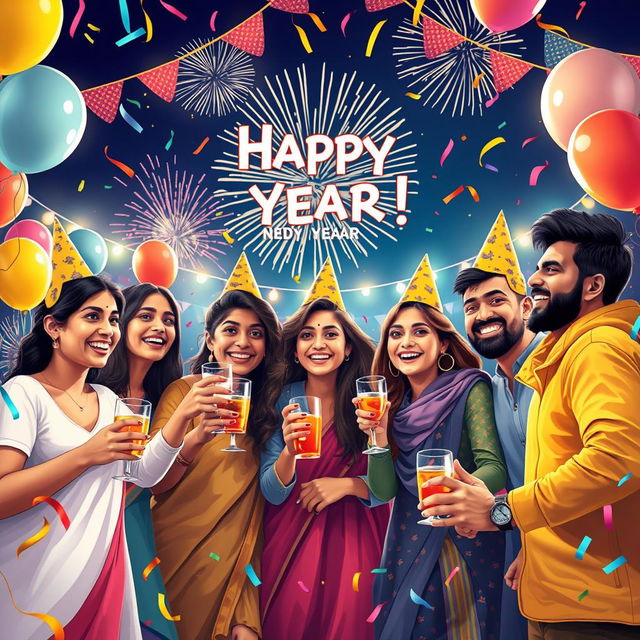 A festive New Year celebration scene depicting a joyous gathering of friends including Sukriti, Saurabh, Deepa, Immu, and Nawab, surrounded by colorful decorations such as balloons and streamers