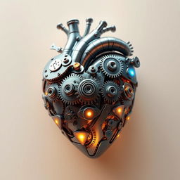A beautifully designed mechanical heart, intricately detailed with gears, cogs, and glowing elements