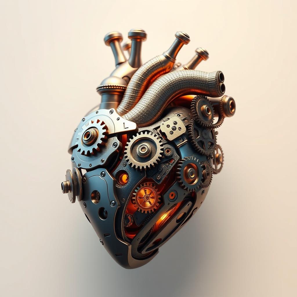 A beautifully designed mechanical heart, intricately detailed with gears, cogs, and glowing elements