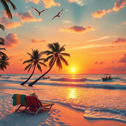 A stunning beach scene at sunset with vibrant colors reflected on the water, palm trees swaying gently in the breeze, and soft waves lapping at the shore