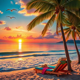 A stunning beach scene at sunset with vibrant colors reflected on the water, palm trees swaying gently in the breeze, and soft waves lapping at the shore