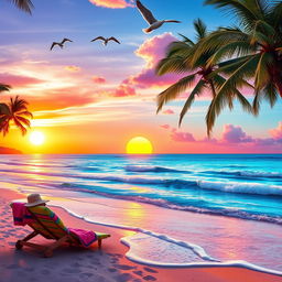 A stunning beach scene at sunset with vibrant colors reflected on the water, palm trees swaying gently in the breeze, and soft waves lapping at the shore