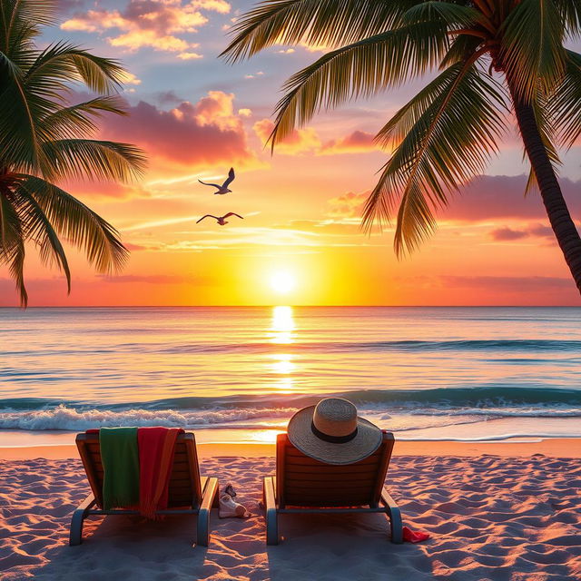 A stunning beach scene at sunset with vibrant colors reflected on the water, palm trees swaying gently in the breeze, and soft waves lapping at the shore