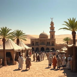 A historical depiction of the location where Caliph Abu Bakr resided, featuring an intricate Arabian architectural setting from the 7th century