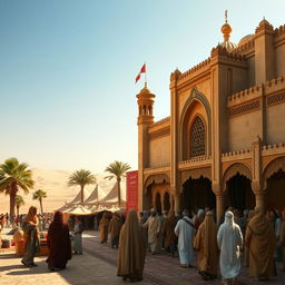 A historical depiction of the location where Caliph Abu Bakr resided, featuring an intricate Arabian architectural setting from the 7th century