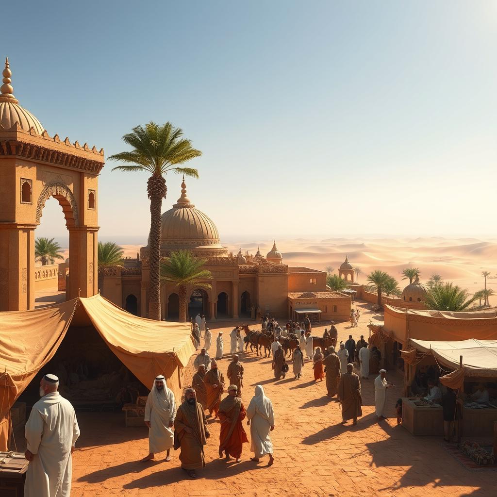 A historical depiction of the location where Caliph Abu Bakr resided, featuring an intricate Arabian architectural setting from the 7th century