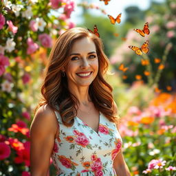 A stylish and confident mature woman in her 40s, with long wavy chestnut hair and warm brown eyes, dressed in a chic summer dress with floral patterns, standing in a vibrant garden filled with blooming flowers