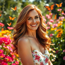 A stylish and confident mature woman in her 40s, with long wavy chestnut hair and warm brown eyes, dressed in a chic summer dress with floral patterns, standing in a vibrant garden filled with blooming flowers