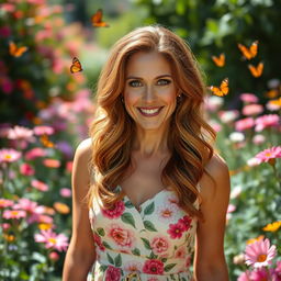 A stylish and confident mature woman in her 40s, with long wavy chestnut hair and warm brown eyes, dressed in a chic summer dress with floral patterns, standing in a vibrant garden filled with blooming flowers