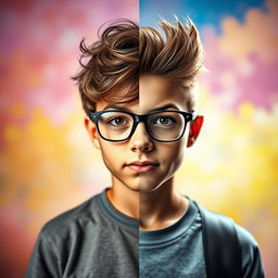 A split-image portrait of a boy showcasing a transformative transformation