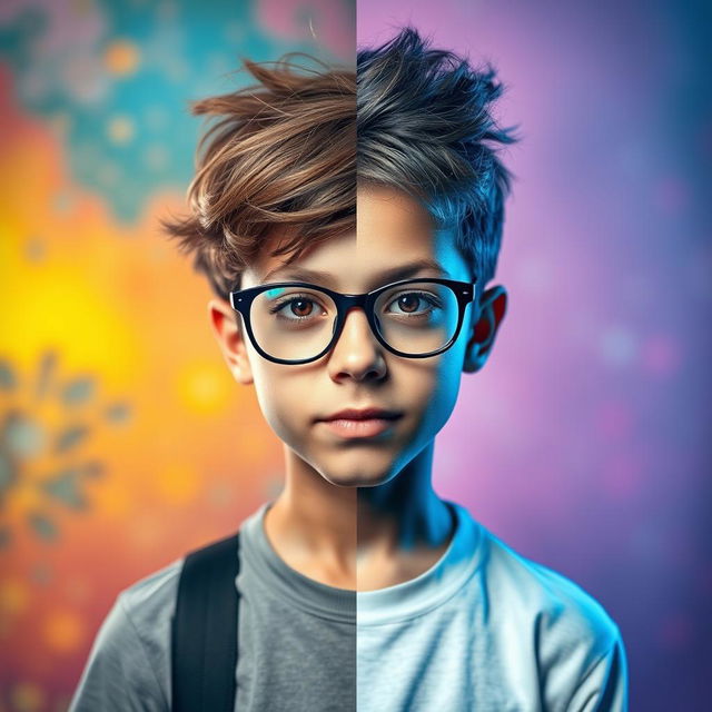 A split-image portrait of a boy showcasing a transformative transformation