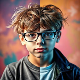 A split-image portrait of a boy showcasing a transformative transformation