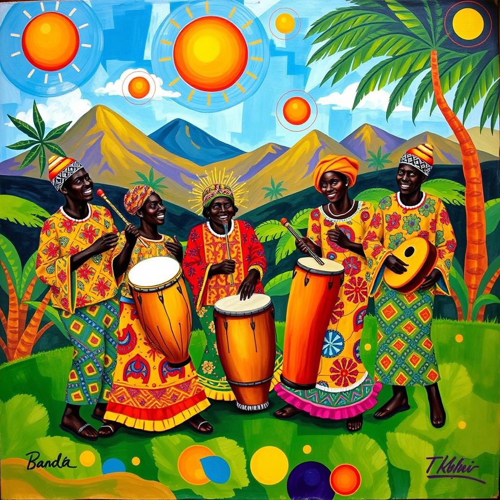 A vibrant Banda style painting featuring a lively group of musicians playing traditional instruments like the djembe and kora, set against a colorful background of tropical landscapes