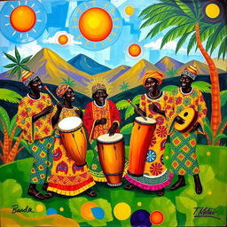 A vibrant Banda style painting featuring a lively group of musicians playing traditional instruments like the djembe and kora, set against a colorful background of tropical landscapes