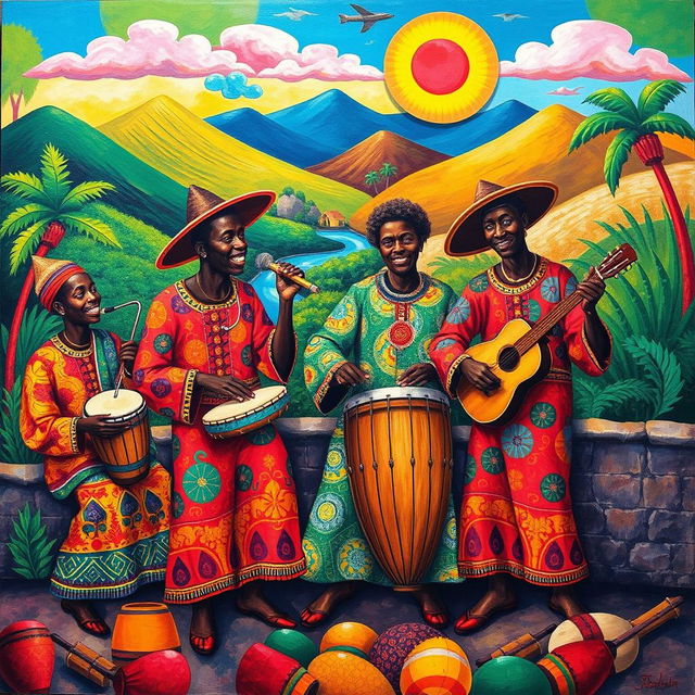 A vibrant Banda style painting featuring a lively group of musicians playing traditional instruments like the djembe and kora, set against a colorful background of tropical landscapes