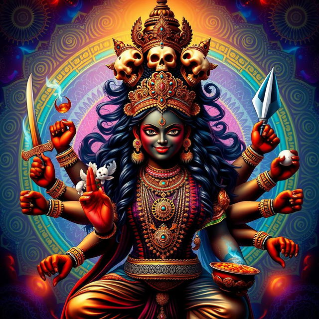 A captivating and vibrant portrait of a traditional Kali Ma, depicted with a dark skin tone, adorned with ornate jewelry and a crown of skulls