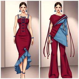 A split fashion illustration showing two striking outfits side by side