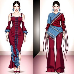 A split fashion illustration showing two striking outfits side by side