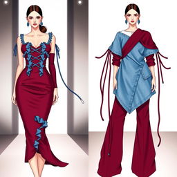 A split fashion illustration showing two striking outfits side by side
