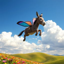 A whimsical and imaginative scene of a flying donkey soaring through a vibrant blue sky, surrounded by fluffy white clouds