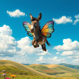 A whimsical and imaginative scene of a flying donkey soaring through a vibrant blue sky, surrounded by fluffy white clouds