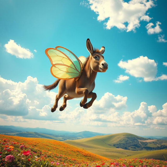 A whimsical and imaginative scene of a flying donkey soaring through a vibrant blue sky, surrounded by fluffy white clouds