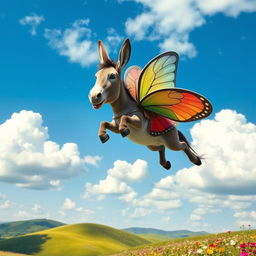A whimsical and imaginative scene of a flying donkey soaring through a vibrant blue sky, surrounded by fluffy white clouds