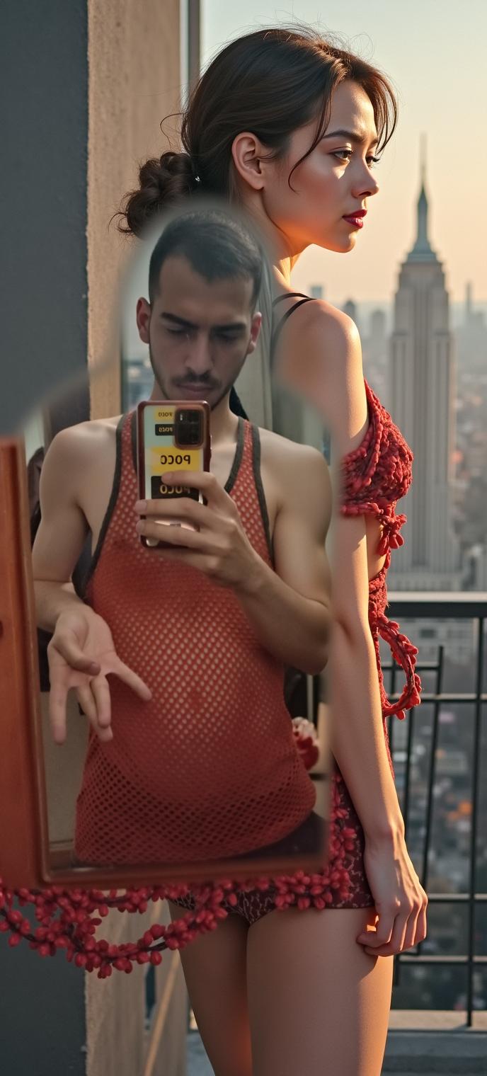 A stylish selfie in a cozy room featuring a young man in a sheer orange mesh tank top, posing with confidence