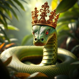 A majestic coiled serpent wearing an ornate gold crown, showcasing intricate details in the scales and crown
