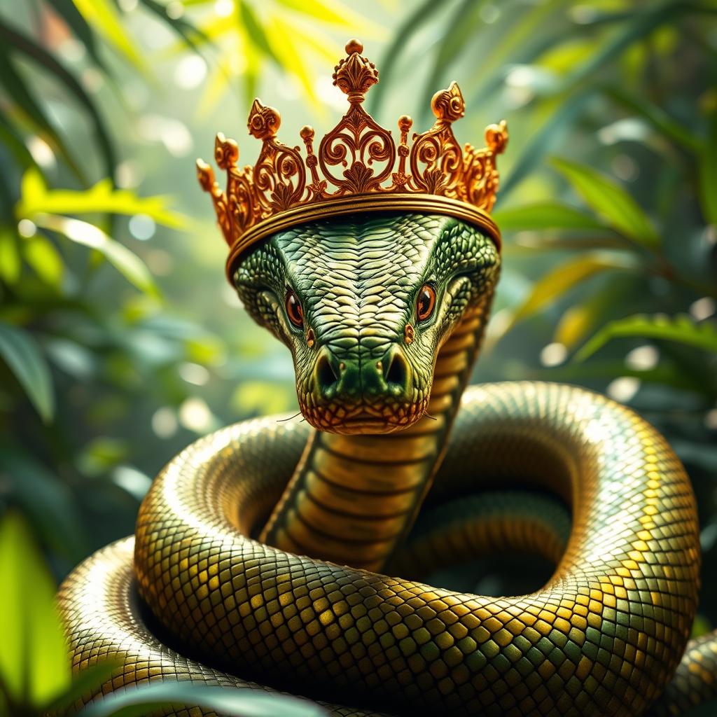 A majestic coiled serpent wearing an ornate gold crown, showcasing intricate details in the scales and crown