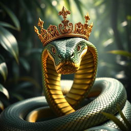 A majestic coiled serpent wearing an ornate gold crown, showcasing intricate details in the scales and crown