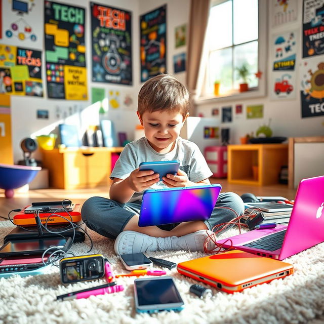 A young boy surrounded by an assortment of colorful mobile devices and electronic gadgets, including smartphones, tablets, and a vibrant laptop