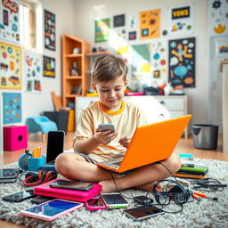 A young boy surrounded by an assortment of colorful mobile devices and electronic gadgets, including smartphones, tablets, and a vibrant laptop