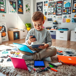 A young boy surrounded by an assortment of colorful mobile devices and electronic gadgets, including smartphones, tablets, and a vibrant laptop
