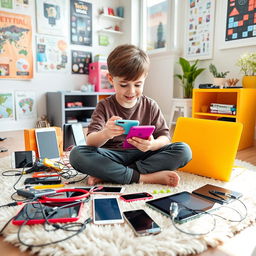 A young boy surrounded by an assortment of colorful mobile devices and electronic gadgets, including smartphones, tablets, and a vibrant laptop