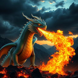 A spectacular fantasy scene featuring a majestic dragon breathing out a massive jet of fire