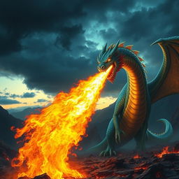 A spectacular fantasy scene featuring a majestic dragon breathing out a massive jet of fire