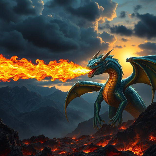 A spectacular fantasy scene featuring a majestic dragon breathing out a massive jet of fire