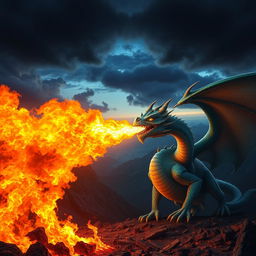 A spectacular fantasy scene featuring a majestic dragon breathing out a massive jet of fire