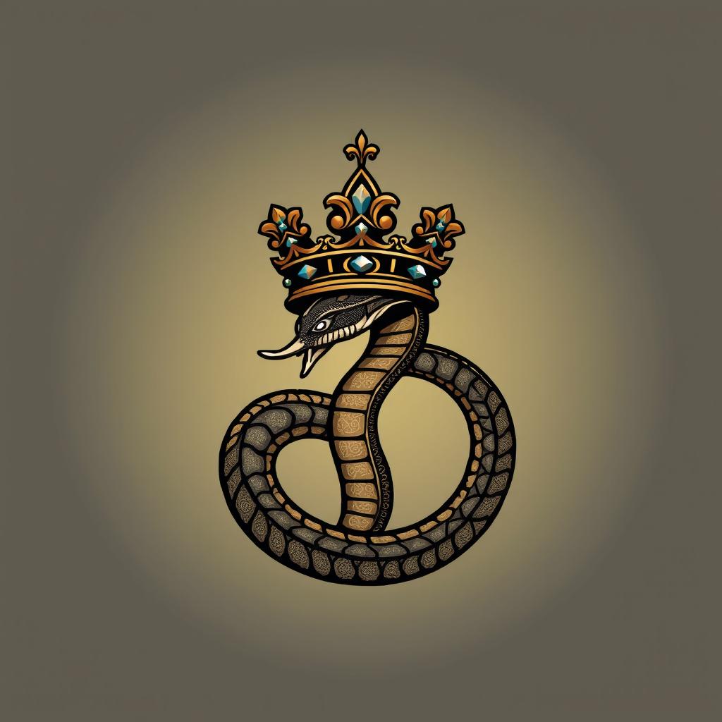 An artistic representation of a symbol depicting a coiled serpent wearing a crown