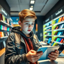 A teenage boy enthusiastically exploring the latest mobile technology and electronics, surrounded by various gadgets like smartphones, tablets, and laptops