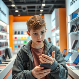 A teenage boy enthusiastically exploring the latest mobile technology and electronics, surrounded by various gadgets like smartphones, tablets, and laptops