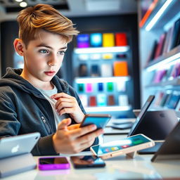 A teenage boy enthusiastically exploring the latest mobile technology and electronics, surrounded by various gadgets like smartphones, tablets, and laptops